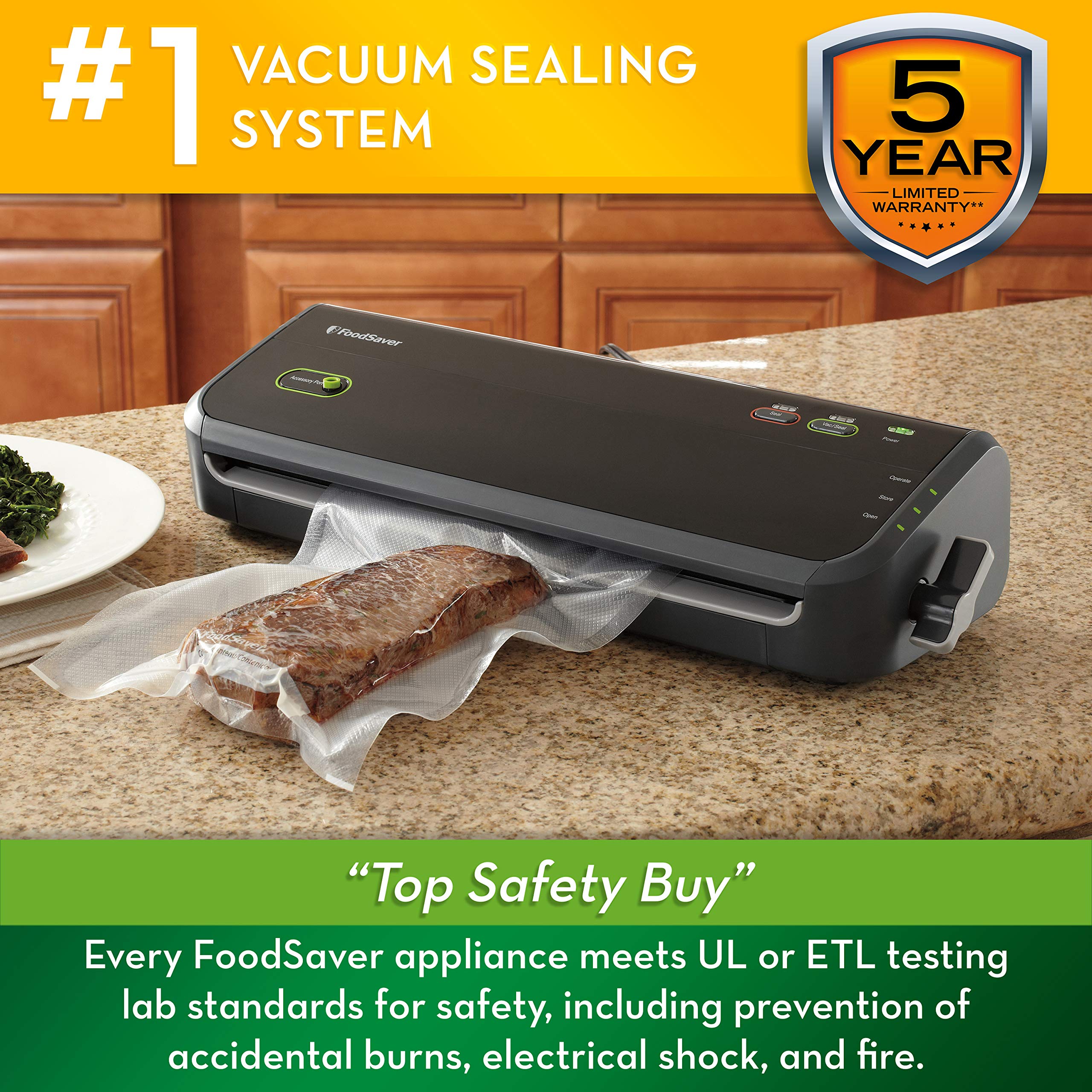 FoodSaver Vacuum Sealer Machine with Starter Vacuum Seal Bags & Rolls, Safety Certified, Black - FM2000-FFP