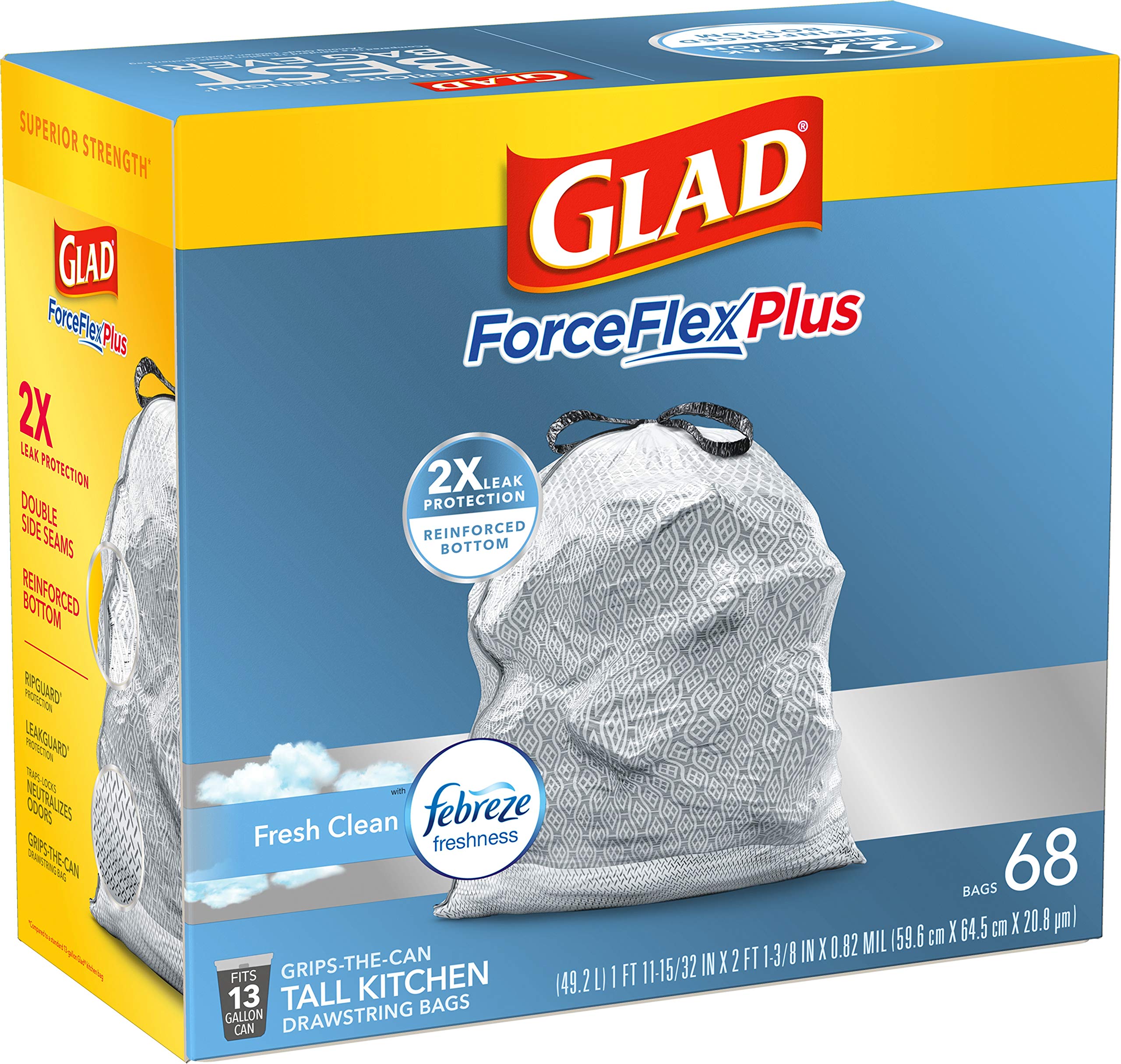 GLAD ForceFlexPlus with Febreze Tall Kitchen Drawstring Trash Bags, 13 Gallon White Trash Bag for Kitchen Trash Can, Fresh Clean Scent with Leak Protection, 68 Count (Package May Vary)