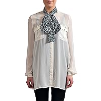 Just Cavalli Women's 100% Silk White Tie Decorated Long Sleeve Blouse US S IT 40