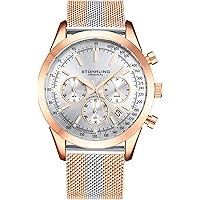 Stuhrling Original Chronograph Mens Watch Analog Watch Dial with Date - Tachymeter, Leather or Mesh Band (Rose Gold-Silver)