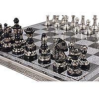 Royal Chess Mall Staunton-Inspired Chess Set with Board, Antique Brass Metal Chess Set, Black and Silver, 12-in by 12-in, Luxury Chess Set with 2.7-in King, Chess Pieces Included