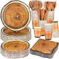 durony 350 Pieces Camping Wood Grain Slice Tableware Set Rustic Camo Hunter Plates Napkins Cups Cutlery Hunting Birthday Party Decorations Lumberjack Dinner Camping Party Decorations Serve 50 Guests