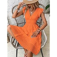 Dresses for Women - Eyelet Embroidery Ruffle Trim Dress (Color : Orange, Size : Medium)