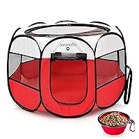 SereneLife Medium Foldable Pet Playpen for Dogs & Cats - Portable 8-Panel Mesh Indoor and Outdoor Pet Tent with Removable Top & Collapsible Bowl, Lightweight Play Space for Small to Medium Pets, Red