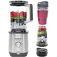 5-Speed Blender + (2) 16 Ounce Blender Cups | Kitchen Essentials Blender for Shakes, Smoothies & More | Large 64 oz Tritan Jar, 8-10 Servings | Stainless Steel Blades & Exterior Finish | 1000 Watts