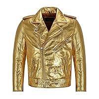 Men's BRANDO SLIM-FIT Gold/Silver Foiled Leather Jacket Biker Racer Jacket SRMBF
