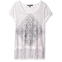 My Michelle Girls' Big Lace Tee Shirt with Fringe Hem and Printed Graphic