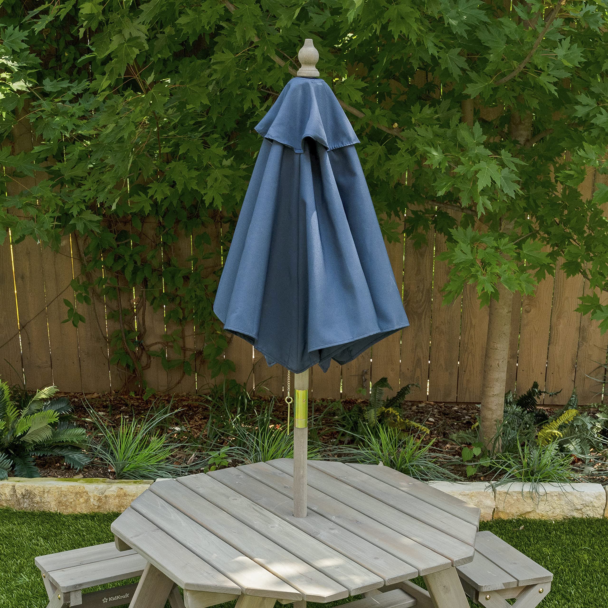 KidKraft Wooden Octagon Table, Stools & Umbrella Set, Kids’ Outdoor Furniture, Barnwood Gray & Navy