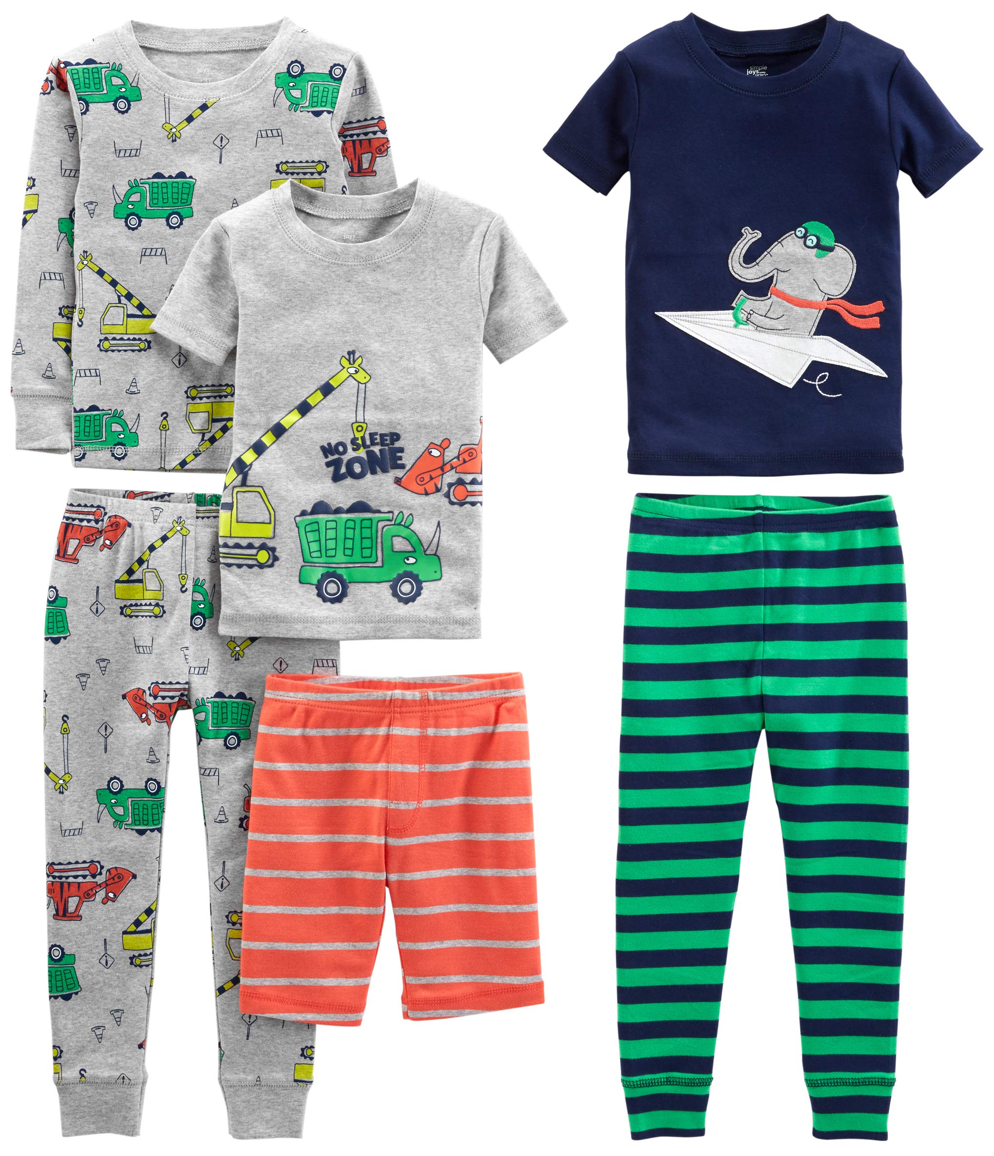 Simple Joys by Carter's Baby Boys' 6-Piece Snug-Fit Cotton Pajama Set, Pack of 3, Green Stripe/Grey Trucks/Navy Elephant/Orange Stripe, 12 Months