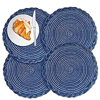 Placemats Set of 4, Round Braided Placemats Set of 4, 15 Inch Heat Resistant Washable Placemats, Non Slip Round Table Mats for Dining Table Wedding Party Blue, Braided Placemats