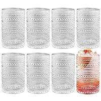 Hobnail Drinking Glasses 14 oz Cocktail Glasses Vintage Glassware Old Fashioned Drinking Glasses Embossed Glassware Cups for Beverage, Water, Wine, Beer, Juice, Mixed Drinkware (Clear, 8 Set)