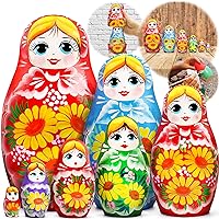 AEVVV Russian Nesting Dolls Set of 7 pcs - Colorful Russian Doll in Sarafan Dress with Hand Painted Yellow Gerberas Flowers - Matryoshka Nesting Dolls