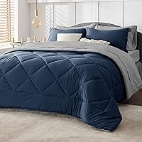 Bedsure Navy Bedding Set Queen - 7 Pieces Reversible Bed Sets in a Bag with Comforters, Sheets, Pillowcases & Shams, Comforter