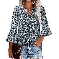 Gaharu Women's Work Blouses Ruffle 3/4 Sleeve Dressy Top V Neck Casual Chiffon Tunic Blouses Business Shirts