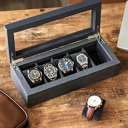 CASE ELEGANCE Two-Toned Herringbone and Solid Wood Watch Box Organizer Case with Glass Display Top