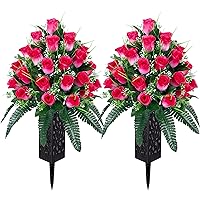 2 Sets Artificial Cemetery Flowers,Outdoor Grave Decorations Roses,Beautiful Arrangements Bouquet with Cemetery Vase,Lasting and Non-Bleed Colors (Pink)