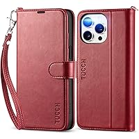 TUCCH Case for iPhone 15 Pro Max with Wrist Strap, RFID Blocking 4 Card Slots Magnetic Kickstand Phone Cover, PU Leather Shockproof TPU Shell Compatible with iPhone 15 Pro Max, Dark Red with Wristlet