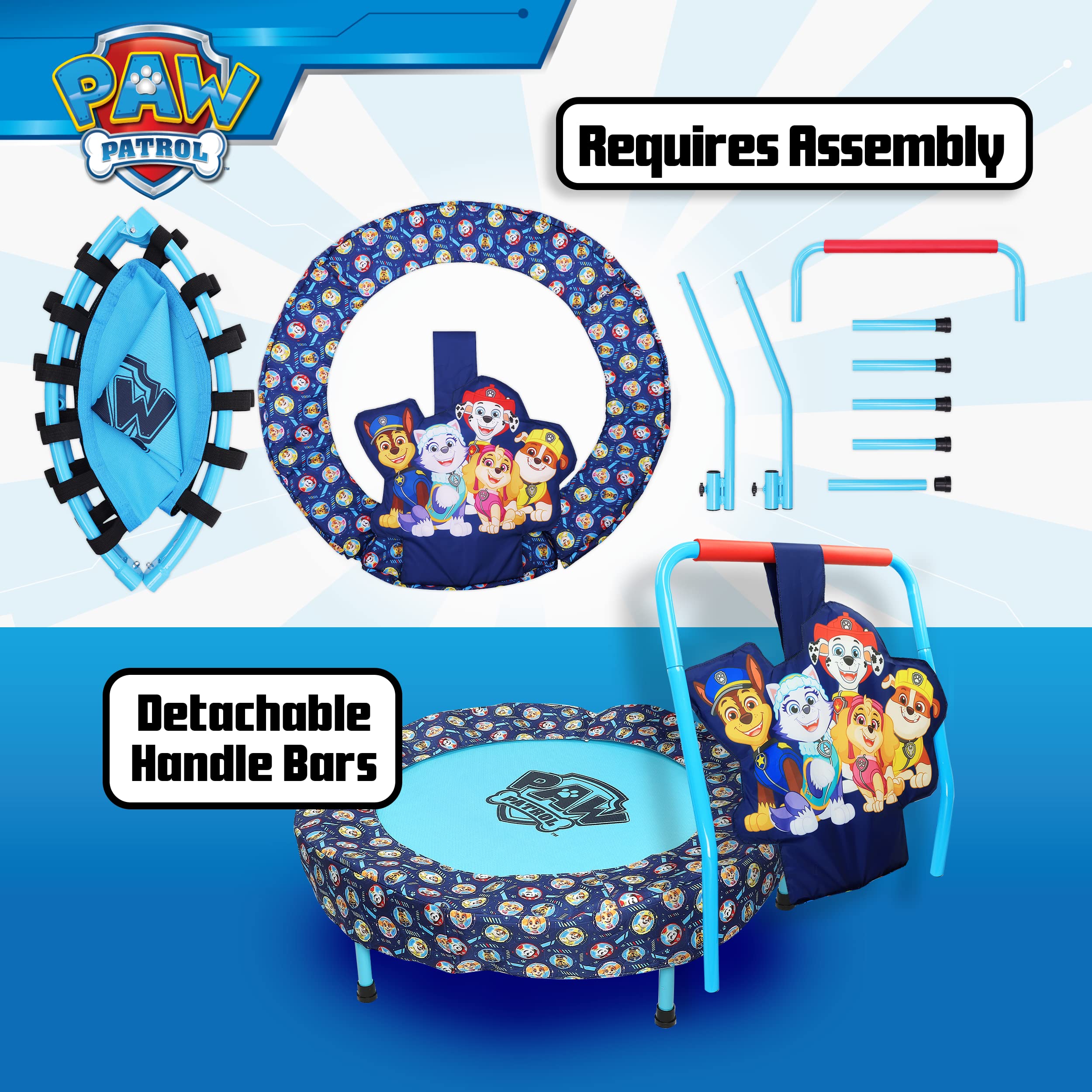 PAW Patrol Mini Trampoline, Indoor Kids Trampoline for Toddlers with Handle, Features Everest, Chase, Marshall, Skye and Rubble, Multi