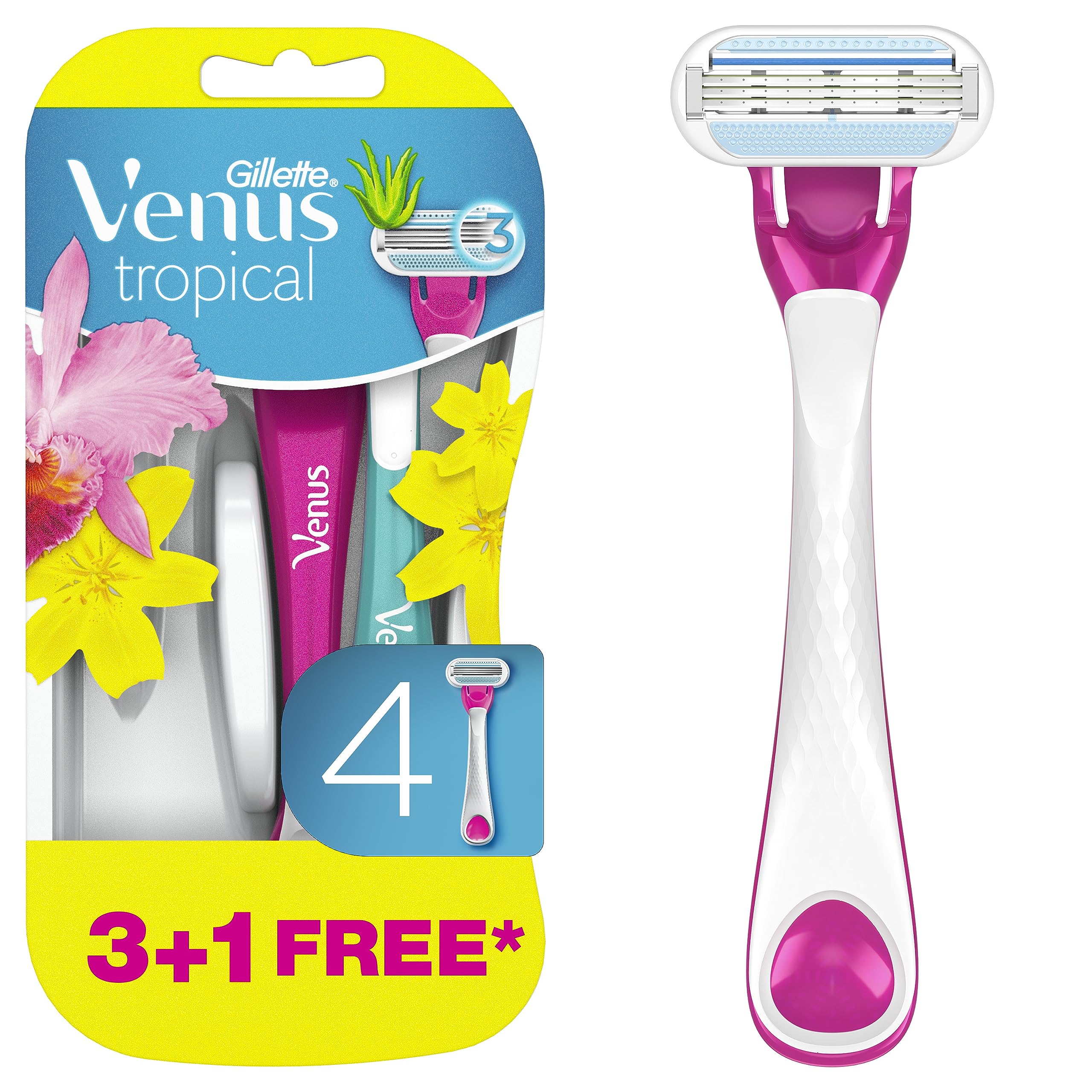 Gillette Venus Tropical Disposable Razors for Women, 3 Count, Designed for a Smooth Shave, Tropical Fragrance Scented Handles