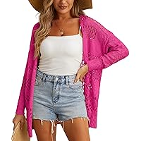 GRECERELLE Womens 2024 Summer Crochet Cardigan Sweater Long Sleeve Boho Oversized Open Front Outwear(Hot Pink, Medium)