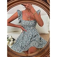 Summer Dresses for Women 2022 Daisy Floral Tie Back Ruffle Detail Dress Dresses for Women (Color : Blue, Size : X-Small)