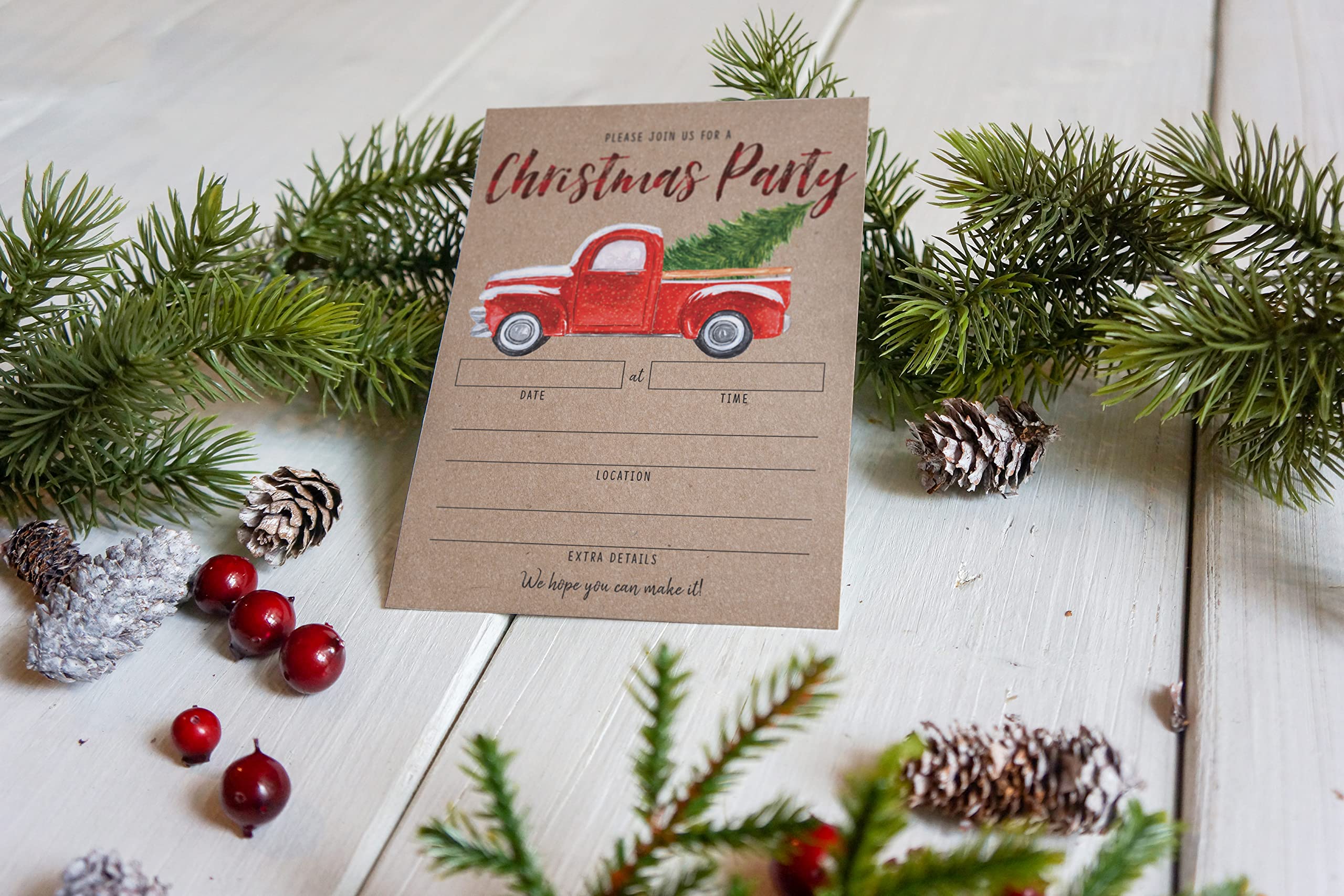 Your Main Event Prints Rustic Christmas Party Invitation with Red Truck and Christmas Tree, Holiday Party Invite, Christmas Party, Holiday Party Invitations, 20 Fill in Invitations and Envelopes