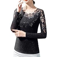 Women's Lace Tops Long Sleeve Hollow Out Mesh Embroidery Flower Rhinestone Stretchy Blouses Work Shirts