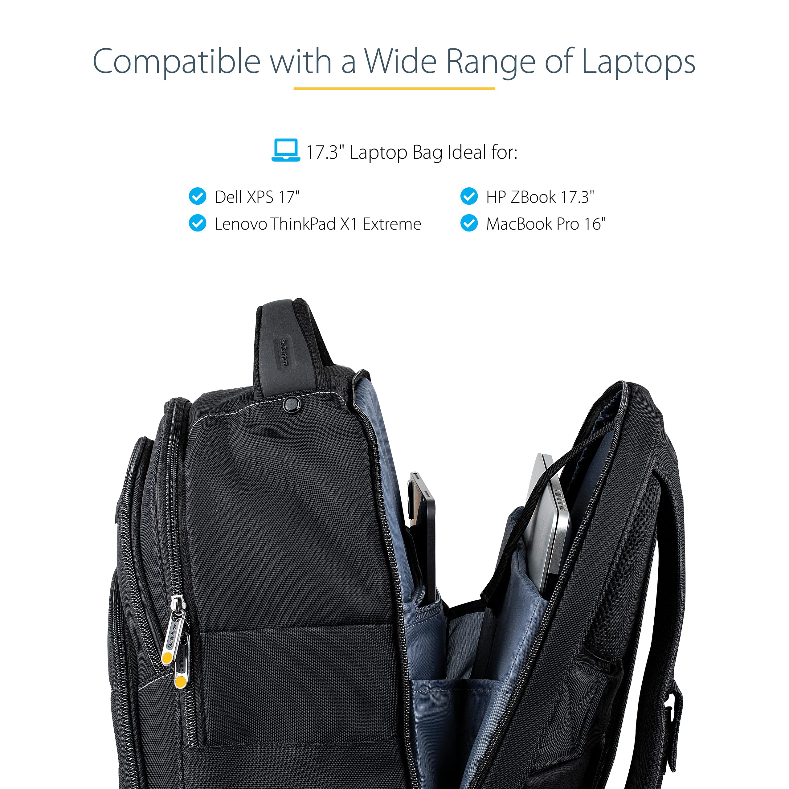 StarTech.com Unisex Backpack Ergonomic Computer Bag with Removable Accessory Case-Laptop/Tablet Pockets-Nylon, Black, 17.3