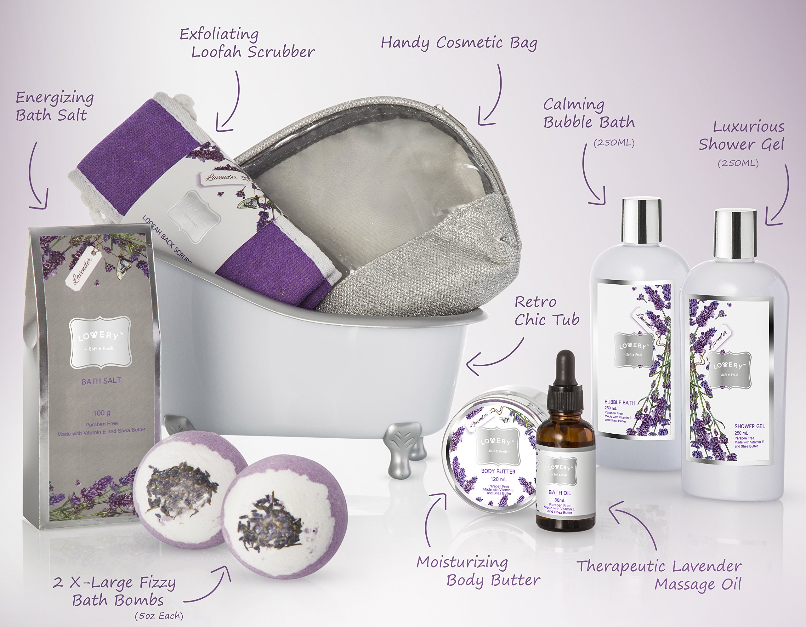 Bath Gift Basket Set for Women: Relaxing at Home Spa Kit Scented - Lavender and Jasmine with Large Bath Bombs, Salts, Shower Gel, Body Butter Lotion, Bath Oil, Bubble Bath, Loofah & More