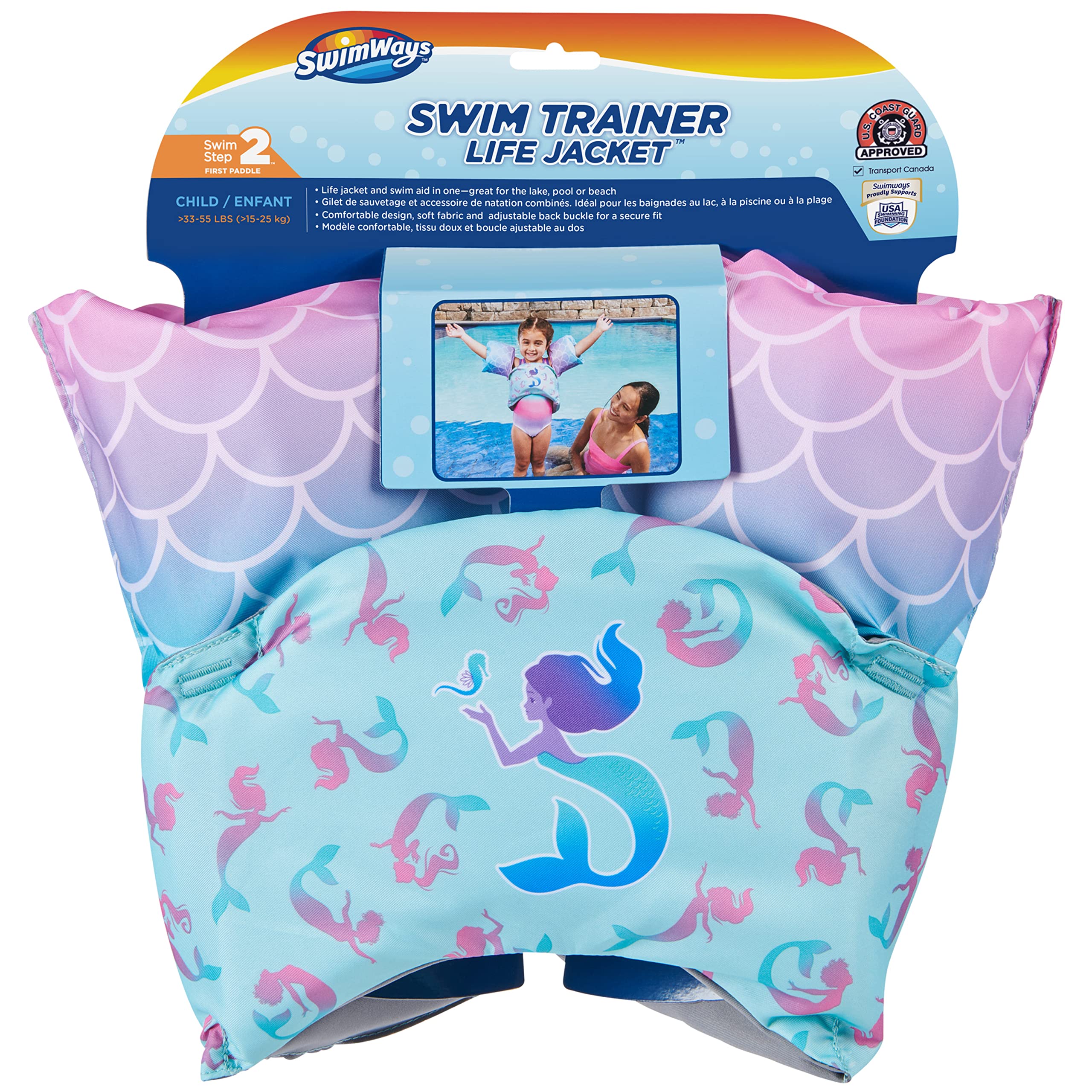 SwimWays Swim Trainer, US Coast Guard Approved Life Vest Kids Swim Vest, Arm Floaties & Life Jackets for Kids 33-55 lbs, Mermaid