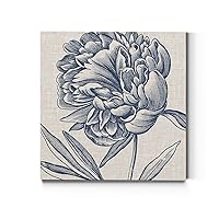 Square Canvas Wall Art: Contemporary Coastal Beach, Neutral Nature, Modern Fractial Floral, Multi Color Flower Abstract Wall Art for Home & Office - Indigo Floral on Linen II 24X24