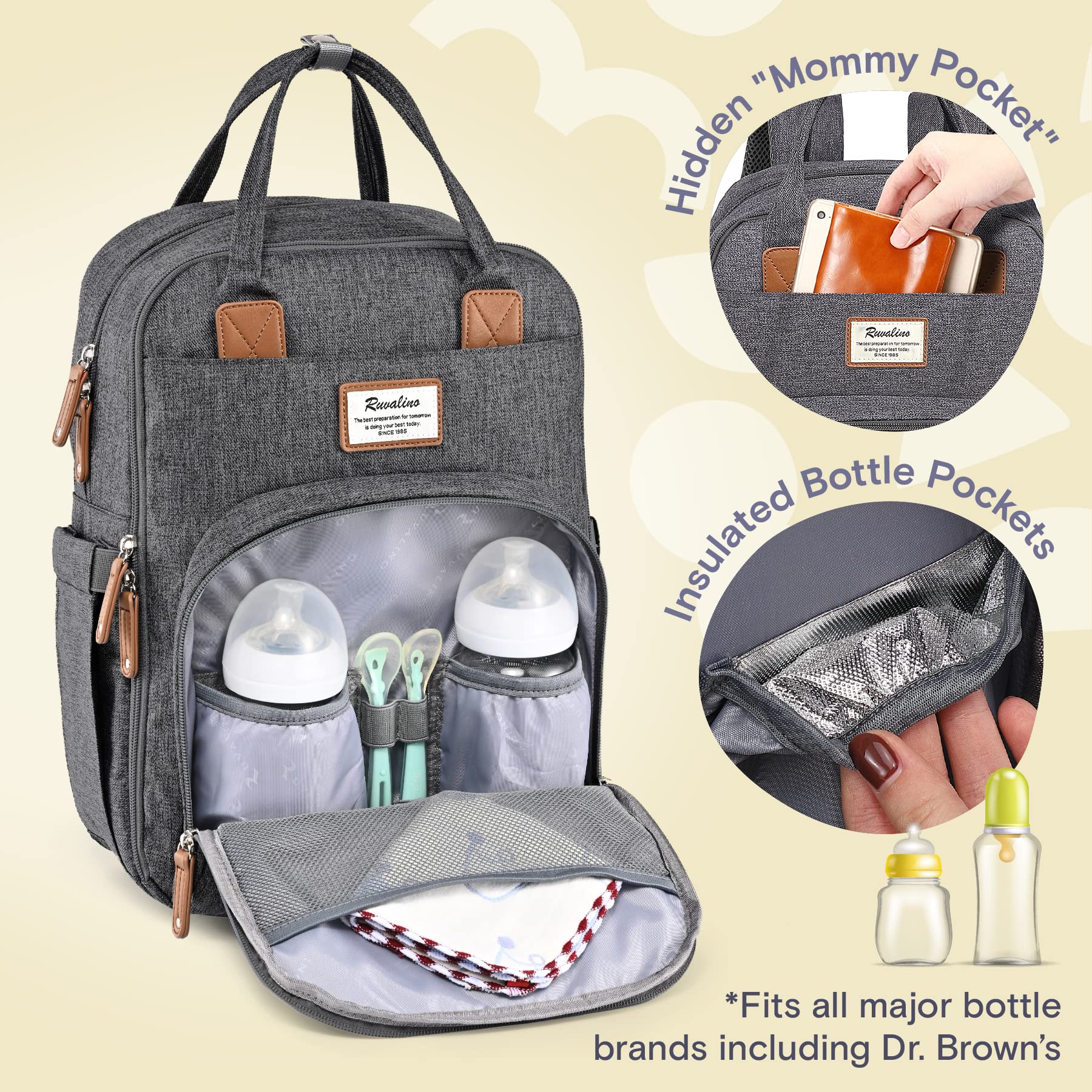 RUVALINO Diaper Bag Backpack, Multifunction Travel Back Pack Maternity Baby Changing Bags, Large Capacity, Waterproof and Stylish, Dark Gray