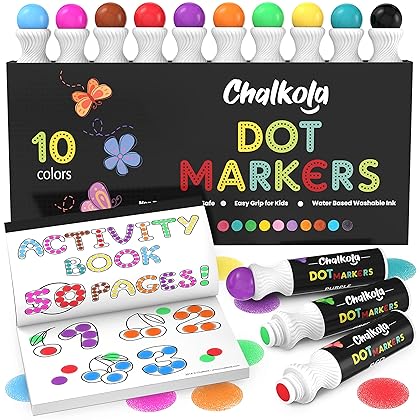 Chalkola Washable Dot Markers for Kids with Free Activity Book | 10 Colors Set | Water-Based Non Toxic Paint Daubers | Dab Marker Kit for Toddlers & Preschoolers | Fun Art Supplies