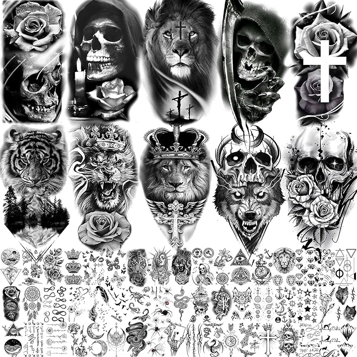 Mua Yezunir 62 Sheets Black Tiger Lion Temporary Tattoos For Women Men Kids,  Halloween Scary Skull Skeleton Wolf Fake Tattoo Stickers Adults, 3D Long  Lasting Tribal Anchor Sexy Small Flower Tattoos Rose