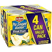 Del Monte No Sugar Added Sliced Bartlett Pears, Canned Fruit, 4 Pack, 14.5 oz Cans, Yellow