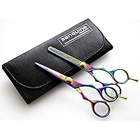 Professional Barber Shears and Hair Thinning Scissors Set, Rainbow, Hairdressing Scissors, 5.5 inch (14cm) + Case