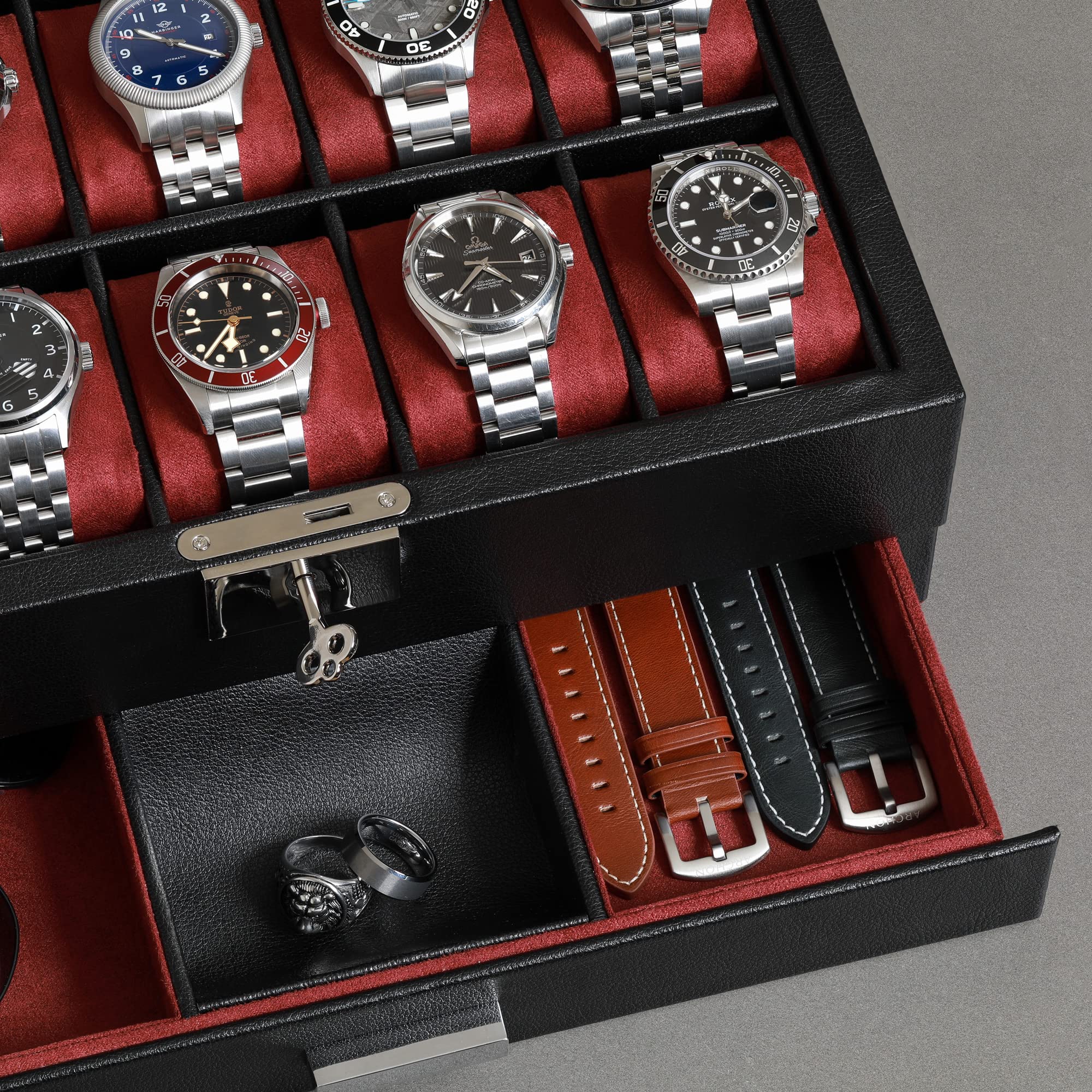 Gift Set 10 Slot Leather Watch Box with Valet Drawer & Matching 5 Watch Travel Case - Luxury Watch Case Display Organizer, Locking Mens Jewelry Watches Holder, Men's Storage Boxes Glass Top Black/Red