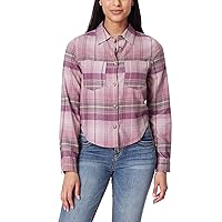 WallFlower Women's Bowery Brushed Cropped Cozy Flannel Boyfriend Trendy Spring, Summer, and Fall Light Button Down Shirt