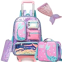Mermaid Rolling Backpack for Girls Backpack with Wheels for Elementary Student Kids School Bag with Lunch Box Pencil Case for Girls Ages 6-8 Years Old