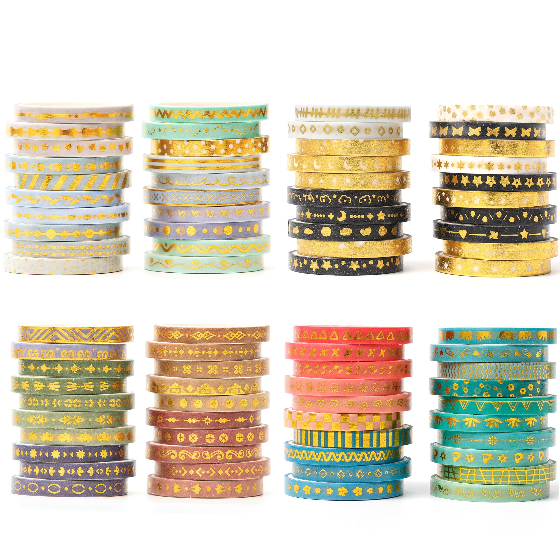 YUBX Skinny Gold Washi Tape Set 80 Rolls Basic Foil Print Decorative Masking Tapes for Arts, DIY Crafts, Journals, Planners, Scrapbook, Wrapping