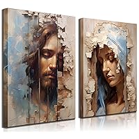 2 Pcs Framed Jesus Virgin Mary Mural Art Christian Catholic Canvas Paintings Pictures Religious Wall Decoration Posters Living Room Bedroom Church Decoration Hangable