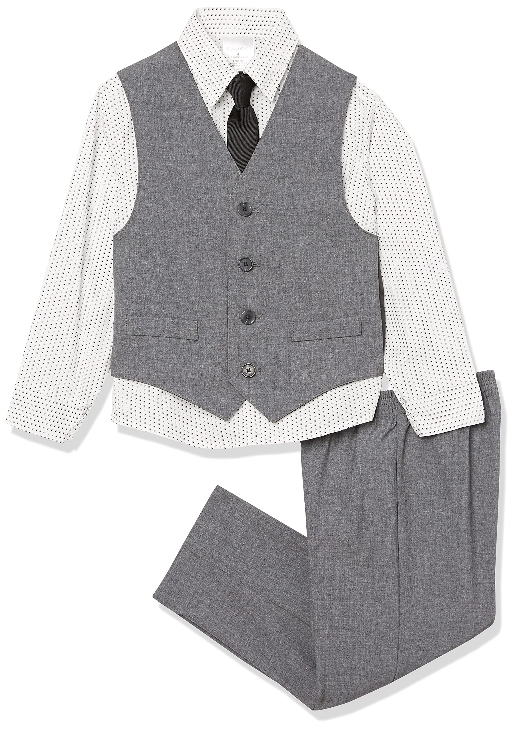 Calvin Klein Boys' 4-Piece Formal Suit Set, Vest, Pants, Collared Dress Shirt, and Tie