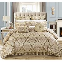 Chic Home Aubrey King Size Comforter Set with Bed Skirt, Shams and 3 Decorative Pillows - Jacquard Bed Comforter King with Hypoallergenic Fill (Beige)