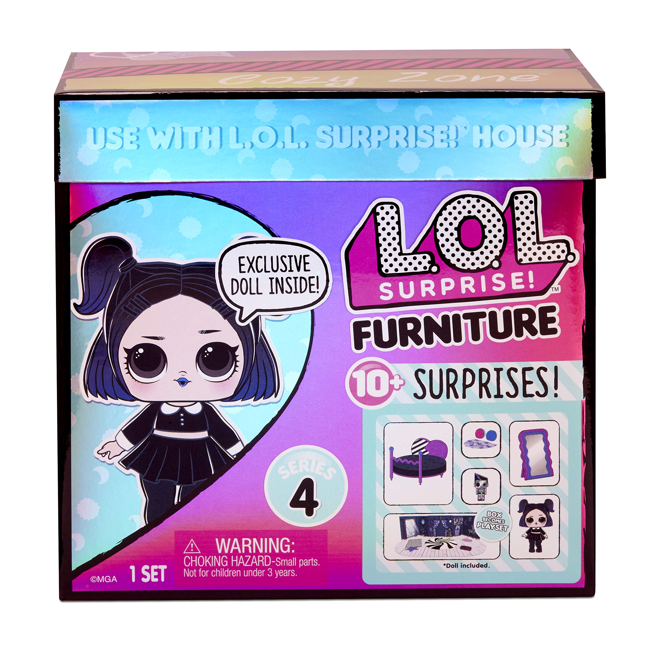 LOL Surprise Furniture Cozy Zone with Dusk Doll and 10+ Surprises, Doll Bedroom Furniture Set, Accessories