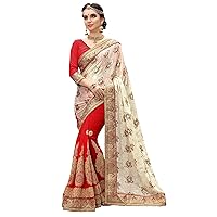 PANASH TRENDS Women's Brasso Georgette Embroidery Saree Unstitched Blouse (Red)