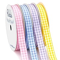 Ribbli 4 Rolls 3/8 Inch Gingham Ribbon,Total 40 Yards,100% Polyester Woven Edge,(Lt.Pink/Lt.Blue/Lt.Purple/Yellow),Easter Ribbon,Check Ribbon Use for Baby Shower,Gift Wrapping