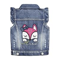 KIDSCOOL SPACE Little Girl Jean Vest,Junior Ripped Fox Embroidery Denim Vest Tops,Blue,4-5 Years