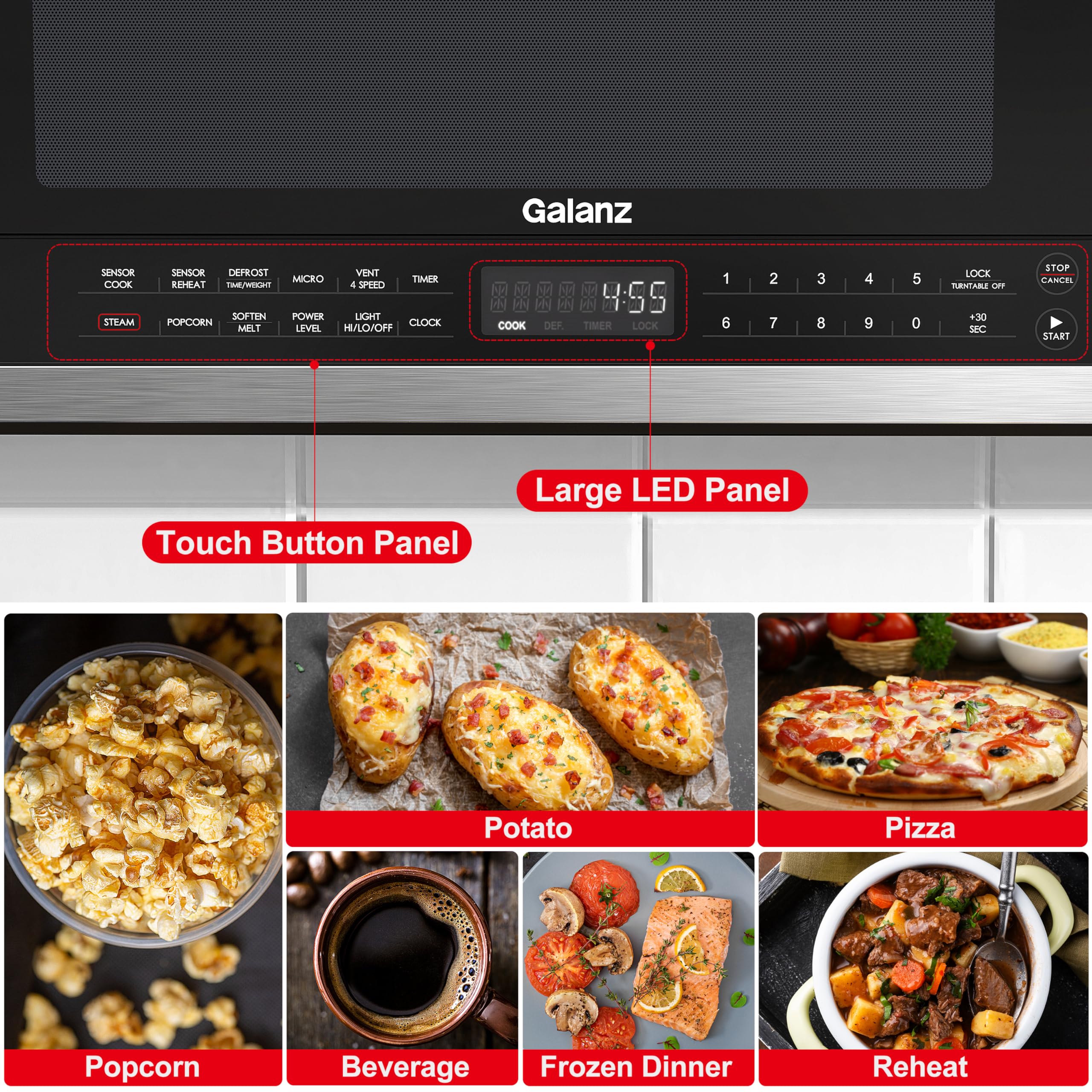 Galanz GLOMJK12S2SWN10 Low Profile Over The Range Microwave Hood Combination Steam & Sensor Cooking, 11 Power Levels, 1.2 Cu Ft, Stainless Steel