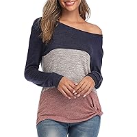 Andongnywell Women's Long-Sleeved one-Neck Loose Twist Casual T-Shirt Casual Soft Knot Side Twists Knit Blouse Top (Blue 1,Medium)