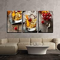 wall26 - 3 Piece Canvas Wall Art - Homemade Old Fashioned Cocktail with Cherries and Orange Peel - Modern Home Art Stretched and Framed Ready to Hang - 16